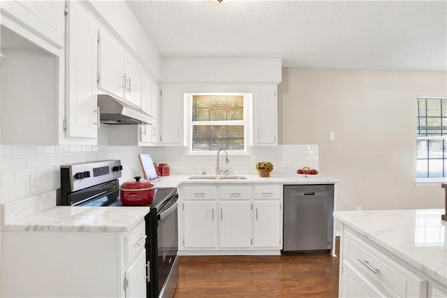 kitchen with appliances with stainless steel finishes, sink, a wealth of natural light, and white cabinets