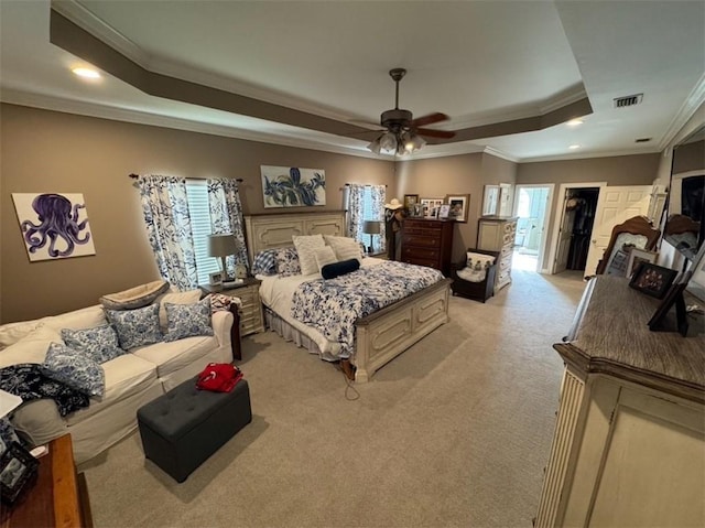 5541 Riverwood Lndg, Theodore, AL 36582 - bedroom with a raised ceiling, ornamental molding, light colored carpet, recessed lighting, and a ceiling fan