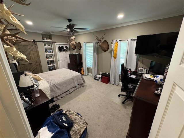 5541 Riverwood Lndg, Theodore, AL 36582 - carpeted bedroom with crown molding, an office area, recessed lighting, ceiling fan, and a barn door