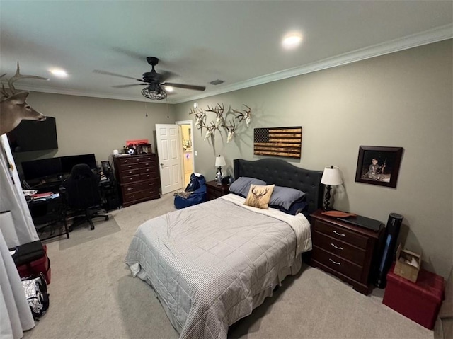 5541 Riverwood Lndg, Theodore, AL 36582 - bedroom featuring light colored carpet, an office area, ornamental molding, ceiling fan, and recessed lighting