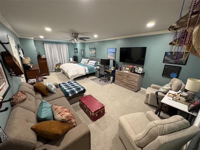 5541 Riverwood Lndg, Theodore, AL 36582 - carpeted bedroom with ornamental molding, recessed lighting, a ceiling fan, and an office area