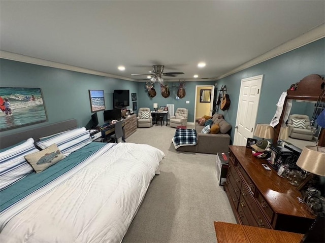 5541 Riverwood Lndg, Theodore, AL 36582 - bedroom featuring carpet, recessed lighting, crown molding, and a ceiling fan