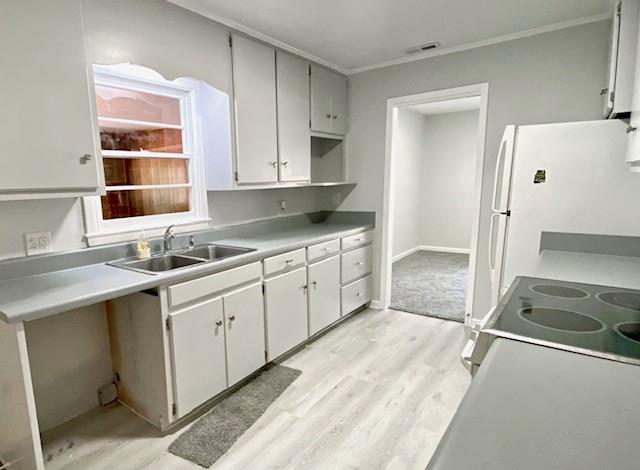 1313 Innsbruck Dr, Mobile, AL 36608 - kitchen featuring a sink, light wood-style flooring, freestanding refrigerator, light countertops, and ornamental molding