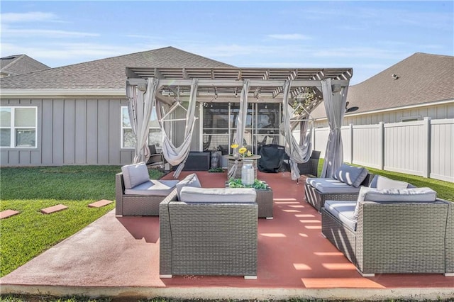 view of patio / terrace featuring a pergola and an outdoor hangout area