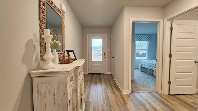 doorway to outside with baseboards and light wood-style floors