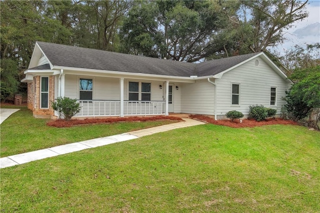 single story home with a porch and a front yard