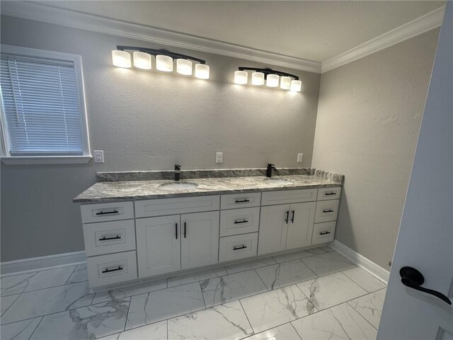 bathroom featuring tile flooring, ornamental molding, and vanity