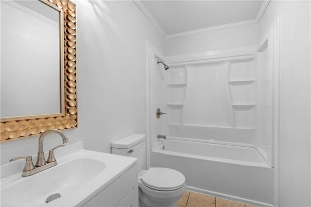 full bathroom featuring vanity, tile patterned flooring, crown molding, shower / washtub combination, and toilet