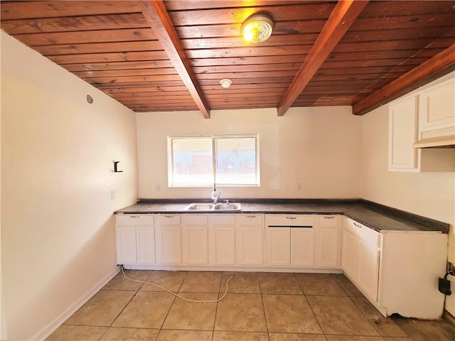 kitchen featuring dark countertops, wooden ceiling, a sink, and light tile patterned flooring