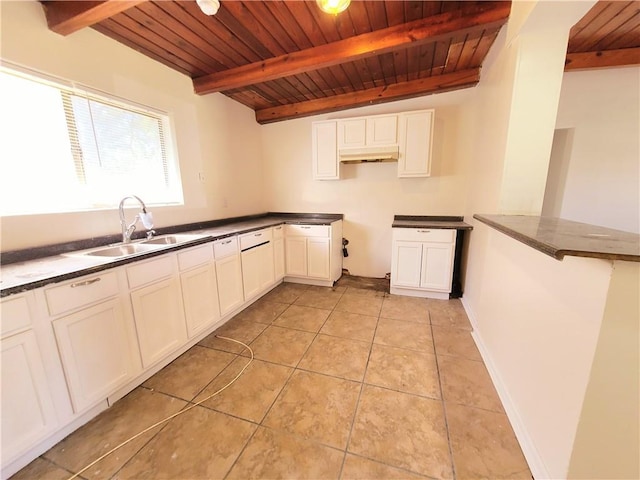 kitchen with beam ceiling, dark countertops, wood ceiling, light tile patterned flooring, and a sink