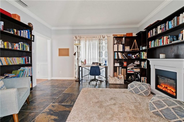 office space featuring dark tile flooring and crown molding