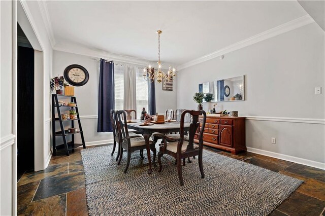 tiled dining area with a notable chandelier and ornamental molding