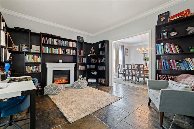 home office with crown molding, a chandelier, and dark tile floors