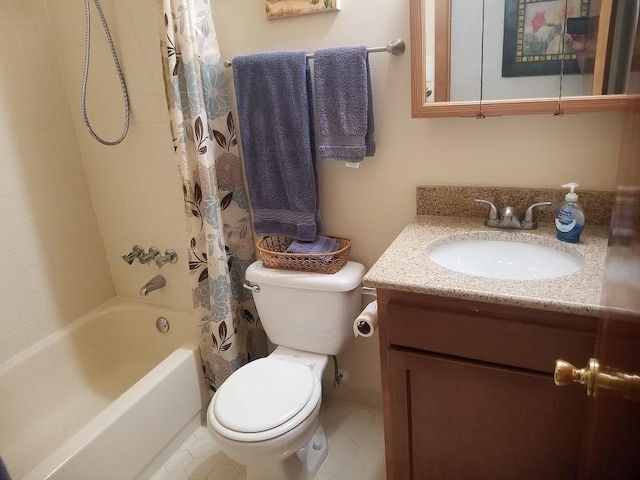 full bathroom with tile patterned floors, vanity, shower / bath combination with curtain, and toilet