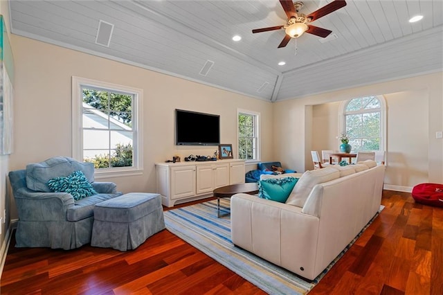 living room featuring ceiling fan, dark hardwood / wood-style flooring, wood ceiling, and lofted ceiling