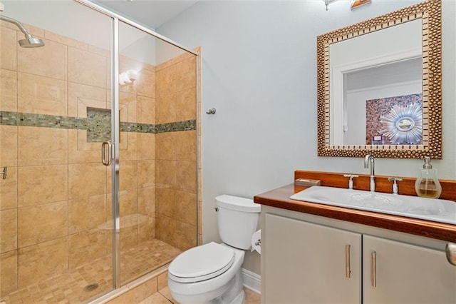 bathroom featuring tile patterned flooring, vanity, an enclosed shower, and toilet