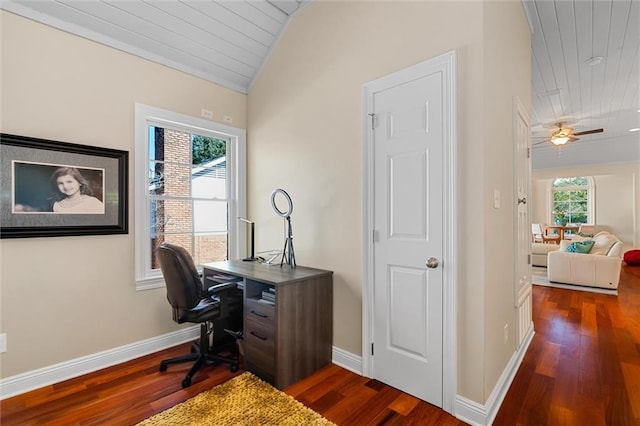 office space with dark hardwood / wood-style flooring, plenty of natural light, ceiling fan, and lofted ceiling