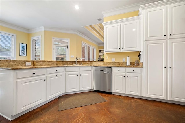 kitchen featuring light stone countertops, white cabinetry, stainless steel dishwasher, and ornamental molding