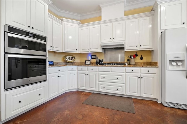 kitchen featuring stainless steel appliances, white cabinetry, crown molding, and stone countertops