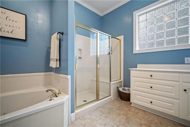 bathroom featuring tile patterned floors, independent shower and bath, and ornamental molding