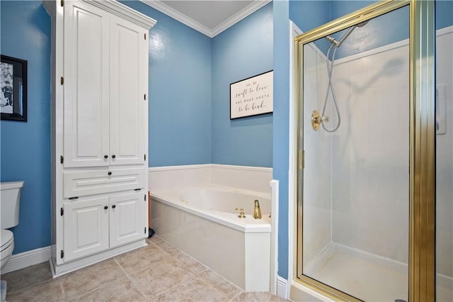 bathroom with shower with separate bathtub, tile patterned floors, toilet, and ornamental molding