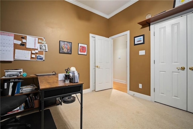 carpeted office space featuring ornamental molding