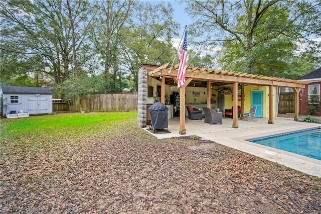 back of property with an outdoor living space, a fenced in pool, a storage shed, a pergola, and a patio