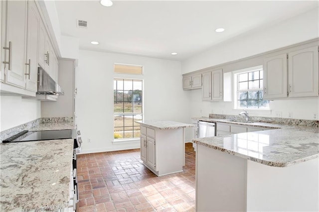 kitchen with light stone counters, a center island, stainless steel appliances, exhaust hood, and sink