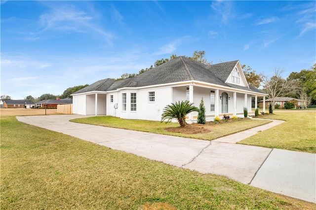 view of front of property with covered porch and a front lawn