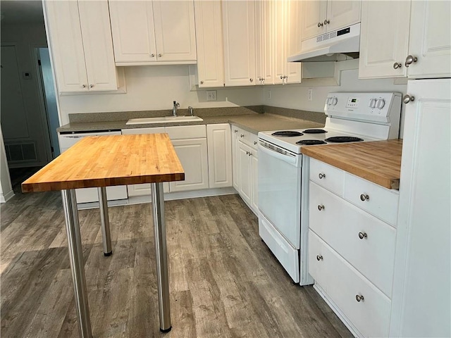 kitchen with dark hardwood / wood-style flooring, white range with electric cooktop, sink, and white cabinetry