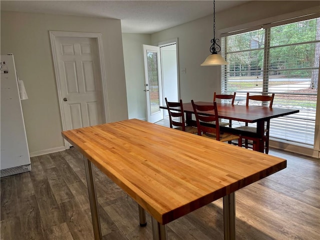 dining space with dark hardwood / wood-style flooring