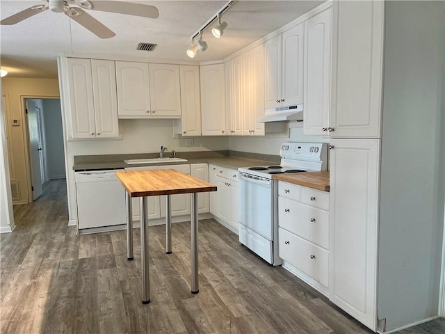 kitchen with ceiling fan, sink, white appliances, and white cabinetry