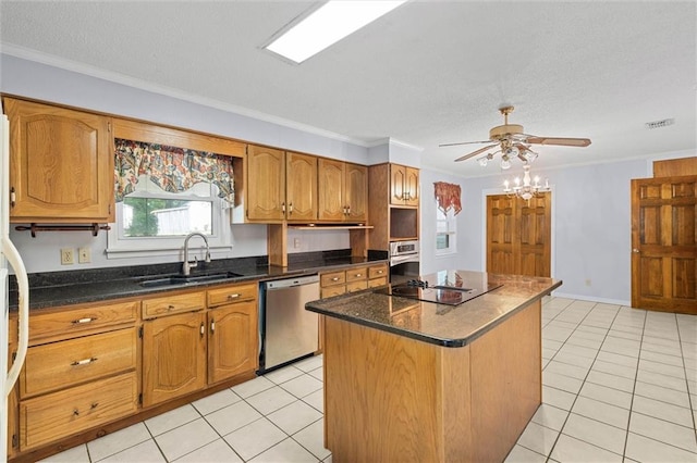 1113 4th Ave, Saraland, AL 36571 - kitchen with stainless steel appliances, light tile patterned floors, ceiling fan, a center island, and ornamental molding