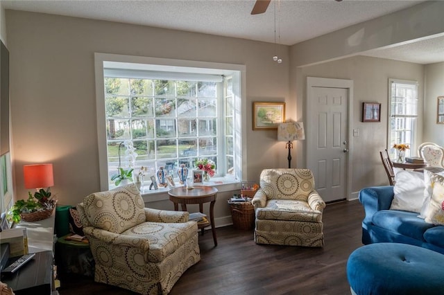 living area with ceiling fan, dark hardwood / wood-style floors, and a textured ceiling