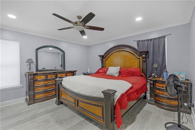 bedroom featuring ornamental molding, recessed lighting, wood finished floors, and baseboards