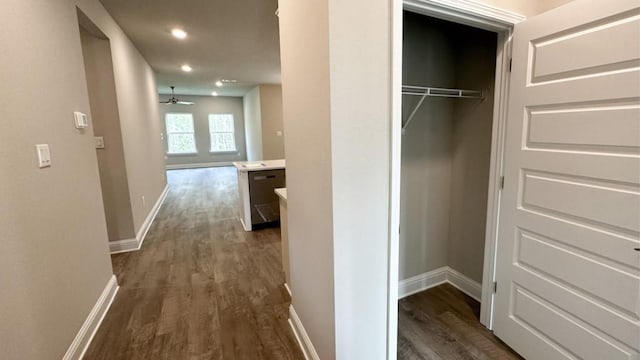 hallway with dark wood-type flooring