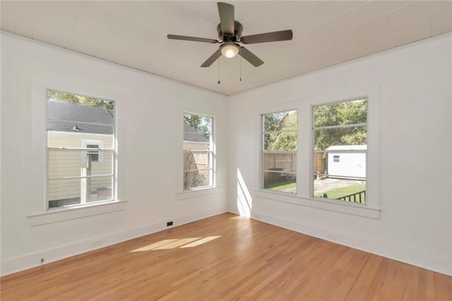 unfurnished room featuring ceiling fan, plenty of natural light, and wood-type flooring