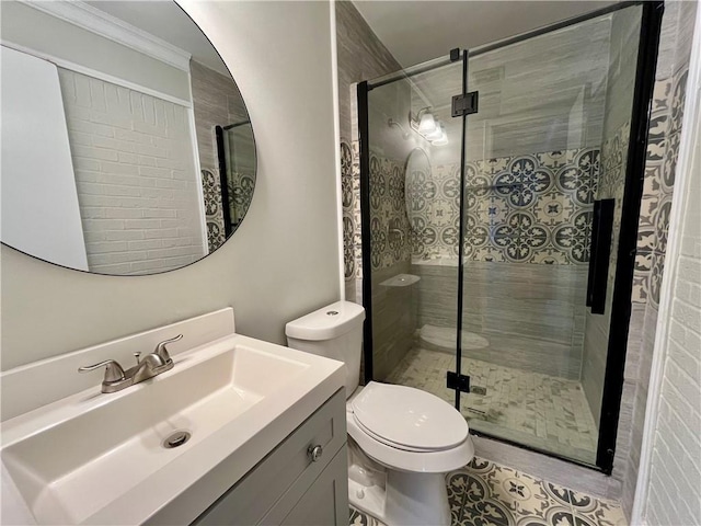 8636 Boe Rd, Irvington, AL 36544 - full bath featuring vanity, toilet, a stall shower, tile patterned flooring, and crown molding