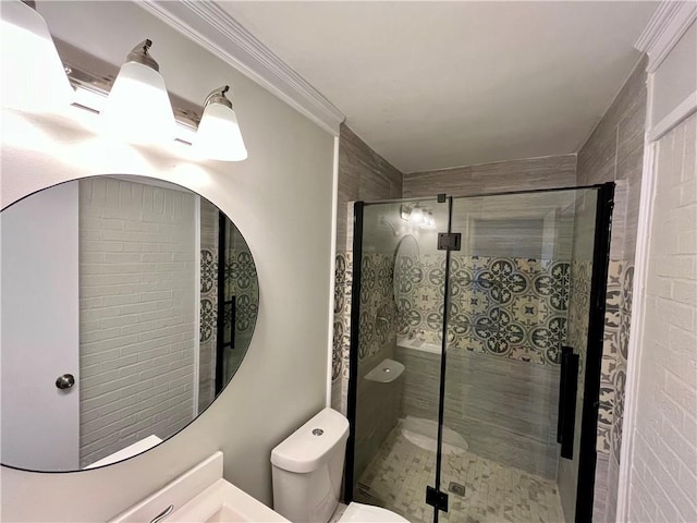 8636 Boe Rd, Irvington, AL 36544 - bathroom featuring toilet, a stall shower, and ornamental molding
