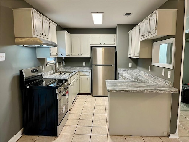 8636 Boe Rd, Irvington, AL 36544 - kitchen featuring stainless steel appliances, a sink, under cabinet range hood, a peninsula, and light tile patterned floors