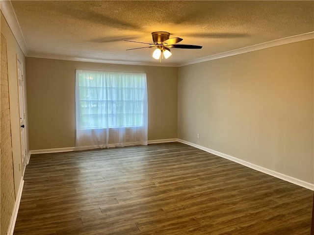 8636 Boe Rd, Irvington, AL 36544 - unfurnished room featuring dark wood-style flooring, a ceiling fan, a textured ceiling, ornamental molding, and baseboards