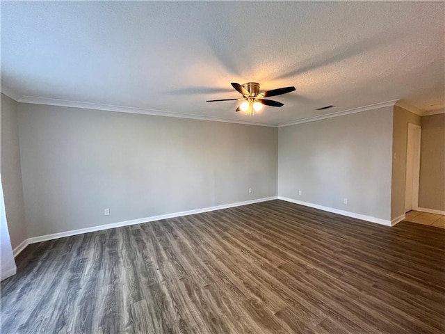 8636 Boe Rd, Irvington, AL 36544 - unfurnished room featuring a ceiling fan, dark wood finished floors, baseboards, crown molding, and a textured ceiling