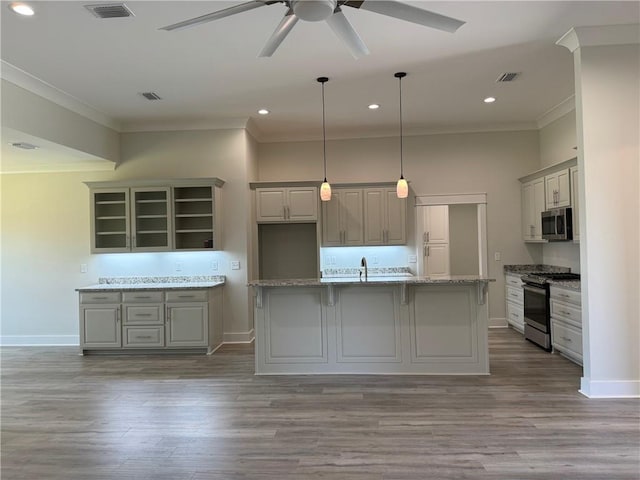 kitchen featuring light stone countertops, ceiling fan, light hardwood / wood-style flooring, stainless steel appliances, and a kitchen island with sink