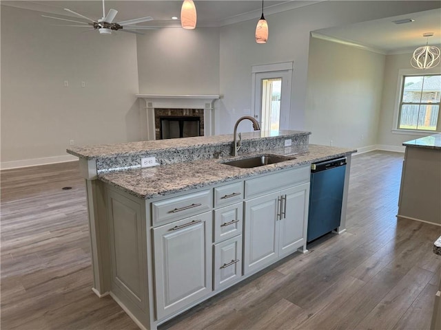 kitchen featuring a wealth of natural light, decorative light fixtures, dishwasher, and hardwood / wood-style flooring