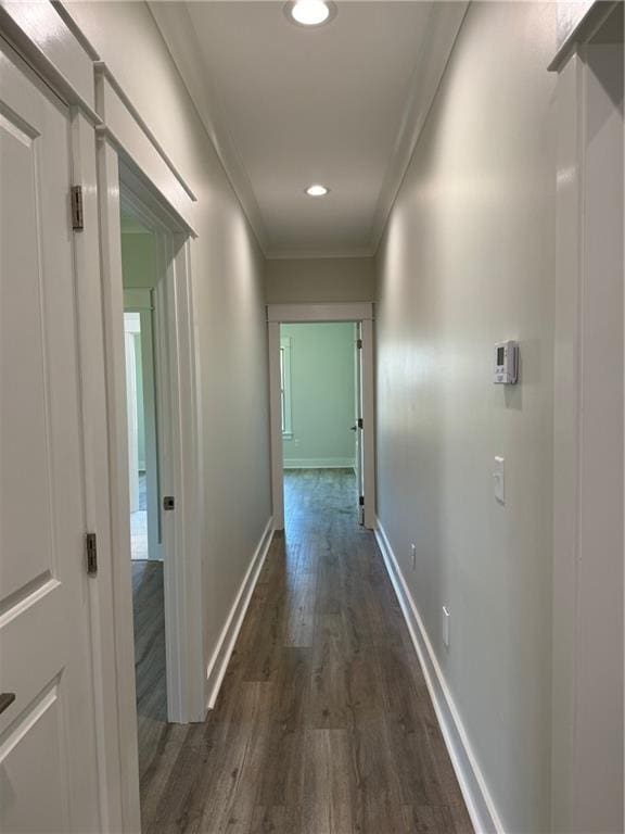 hallway with dark wood-type flooring and crown molding