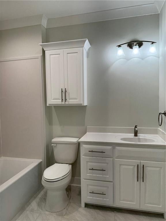 full bathroom with tile flooring, shower / bath combination, vanity, and toilet