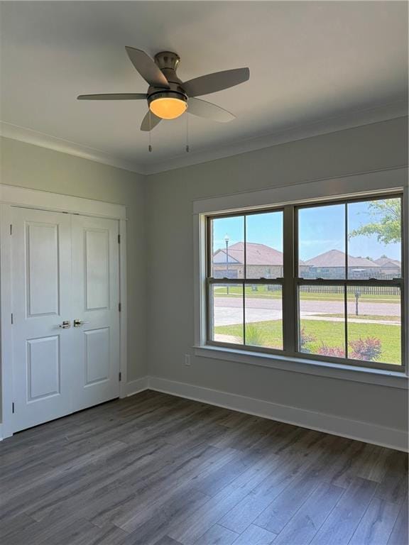 interior space with dark hardwood / wood-style floors, ceiling fan, a closet, and ornamental molding