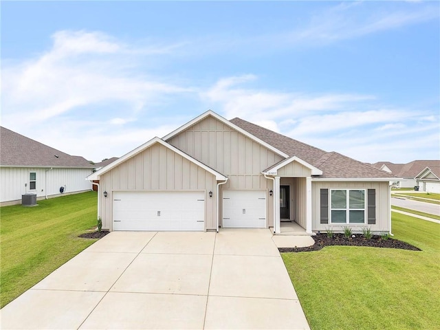 ranch-style house with a garage, a front yard, driveway, central AC, and roof with shingles