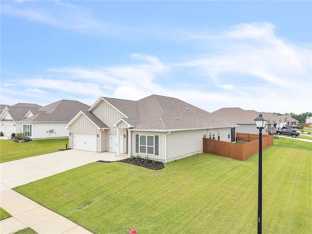 ranch-style home featuring concrete driveway, a garage, a residential view, board and batten siding, and a shingled roof