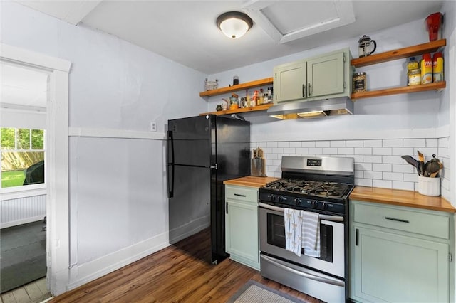 1704 Laurel St, Mobile, AL 36604 - kitchen featuring gas stove, green cabinets, open shelves, freestanding refrigerator, and under cabinet range hood